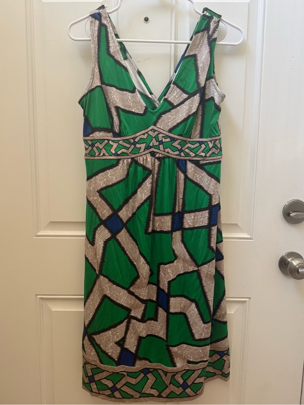 Diane Von Furstenberg Green, Blue & Beige Geometric V -neck Dress